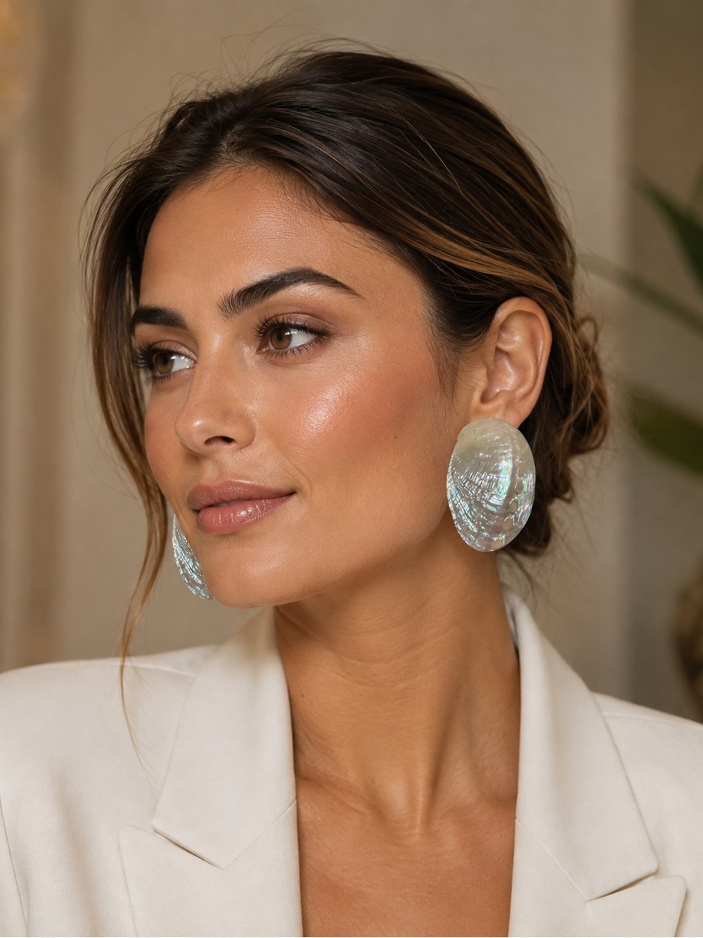 Iridescent Shell Disc Statement Clip On Earrings